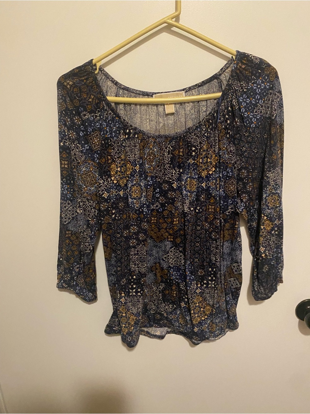 Michael Kors Navy and Mustard Patterned Scoop Neck Long Sleeve Top
